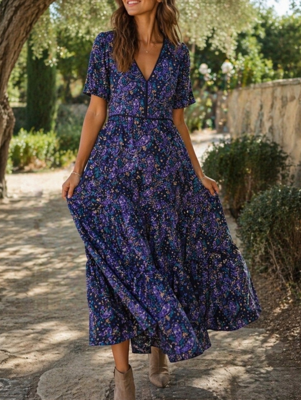 NWT Grace & Mila Navy Purple Paisley Boho Maxi Dress V-Neck Tiered 100% Viscose